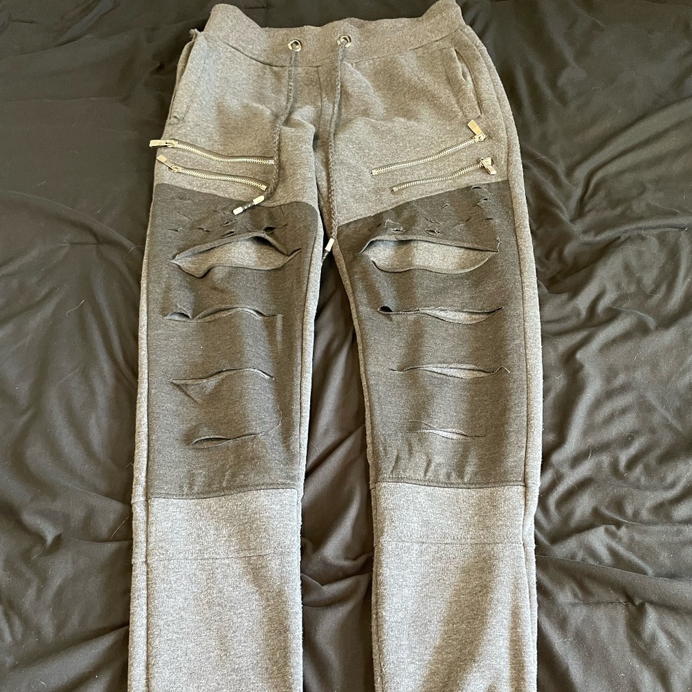 Retro Distrikt Men's Sweatpants Gray Distressed Zipper Detail Drawstring Size Sm
